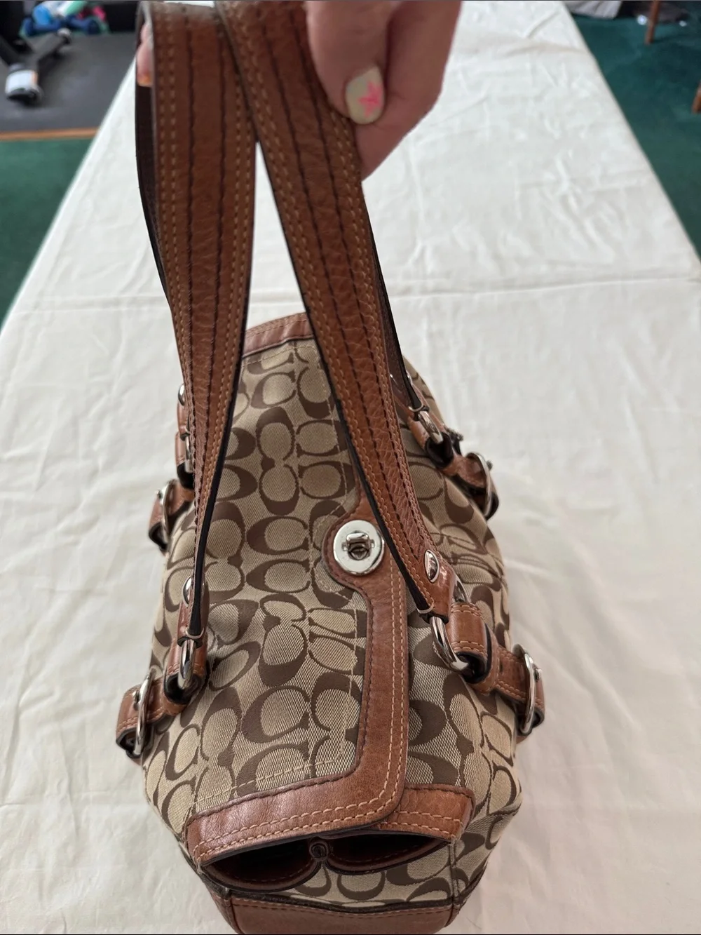 Coach Brown Signature Canvas Shoulder Bag with Tan Leather Trim